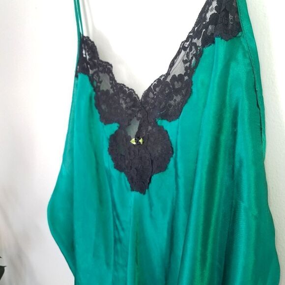 Vintage Intimate Pleasures Emerald Green Mini 90’s Satin Lace Trim Slip Dress XL - Picture 4 of 10